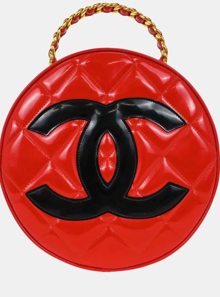 Chanel Vintage 1995 Red Patent Leather Black CC Round Vanity Top Handle Bag