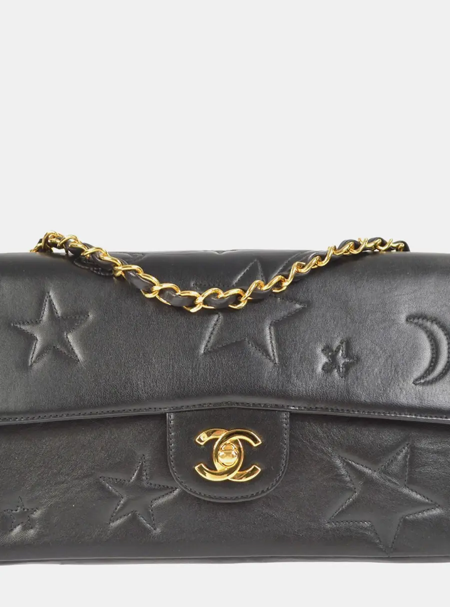 Chanel Vintage Astronomy Medium Black Lambskin Leather Single Flap Shoulder Bag
