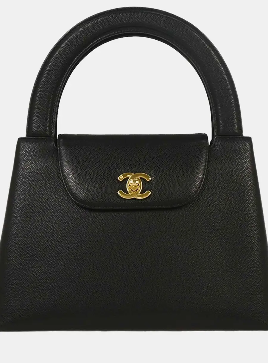 Chanel Vintage Mini Kelly Black Grained Caviar Leather Top Handle Bag