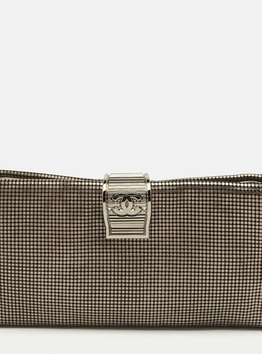 Chanel CC Fold Over Silver Chainmail Leather Clutch