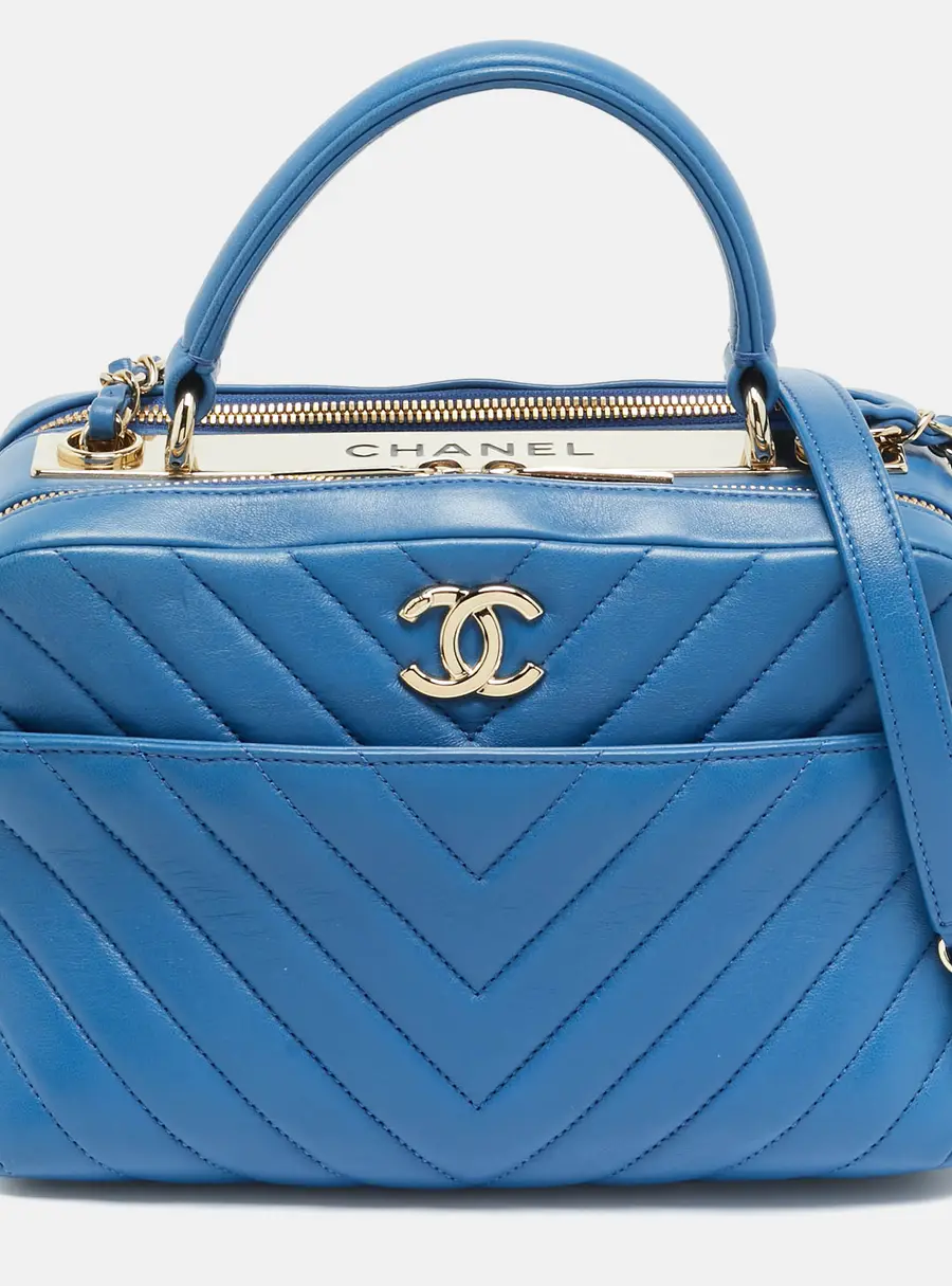Chanel Trendy CC Medium Blue Chevron Leather Bowling Bag