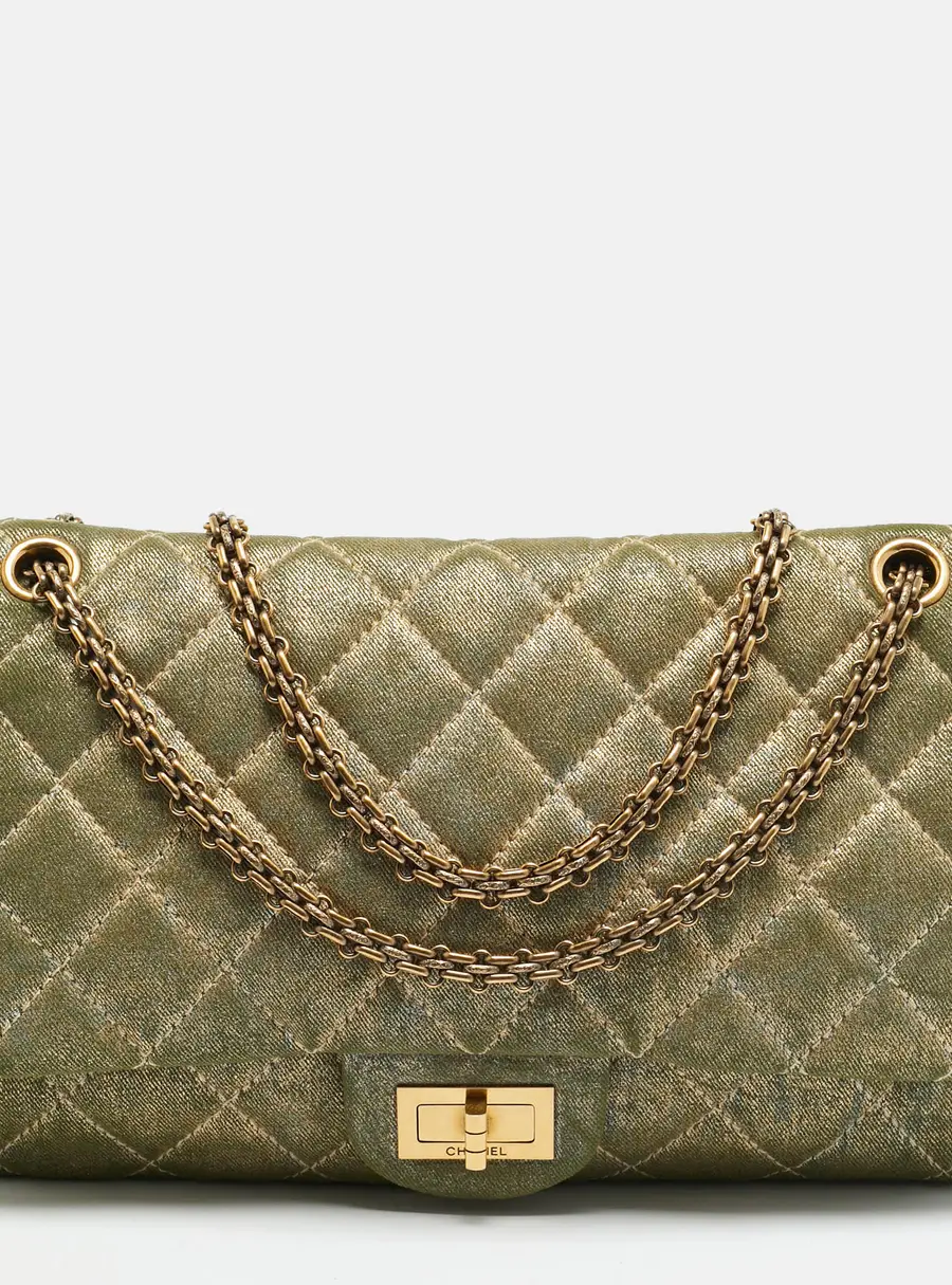 Chanel Reissue 2.55 227 Green/Gold Shimmering Quilted Denim Flap Bag