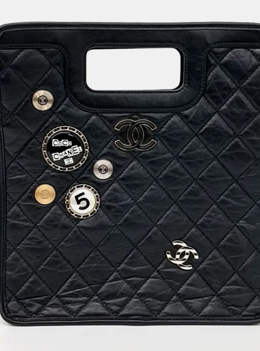 Chanel Graphic Catch Small Black Quilted Aged Calfskin Leather Tote Bag