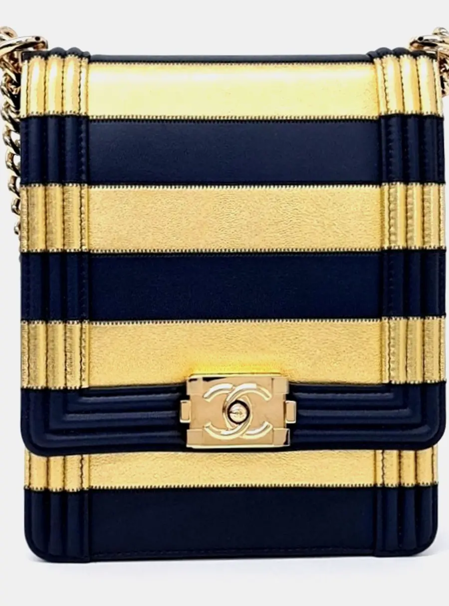 Chanel Boy North South Small Navy Blue Metallic Gold Striped Lambskin Leather Crossbody Bag