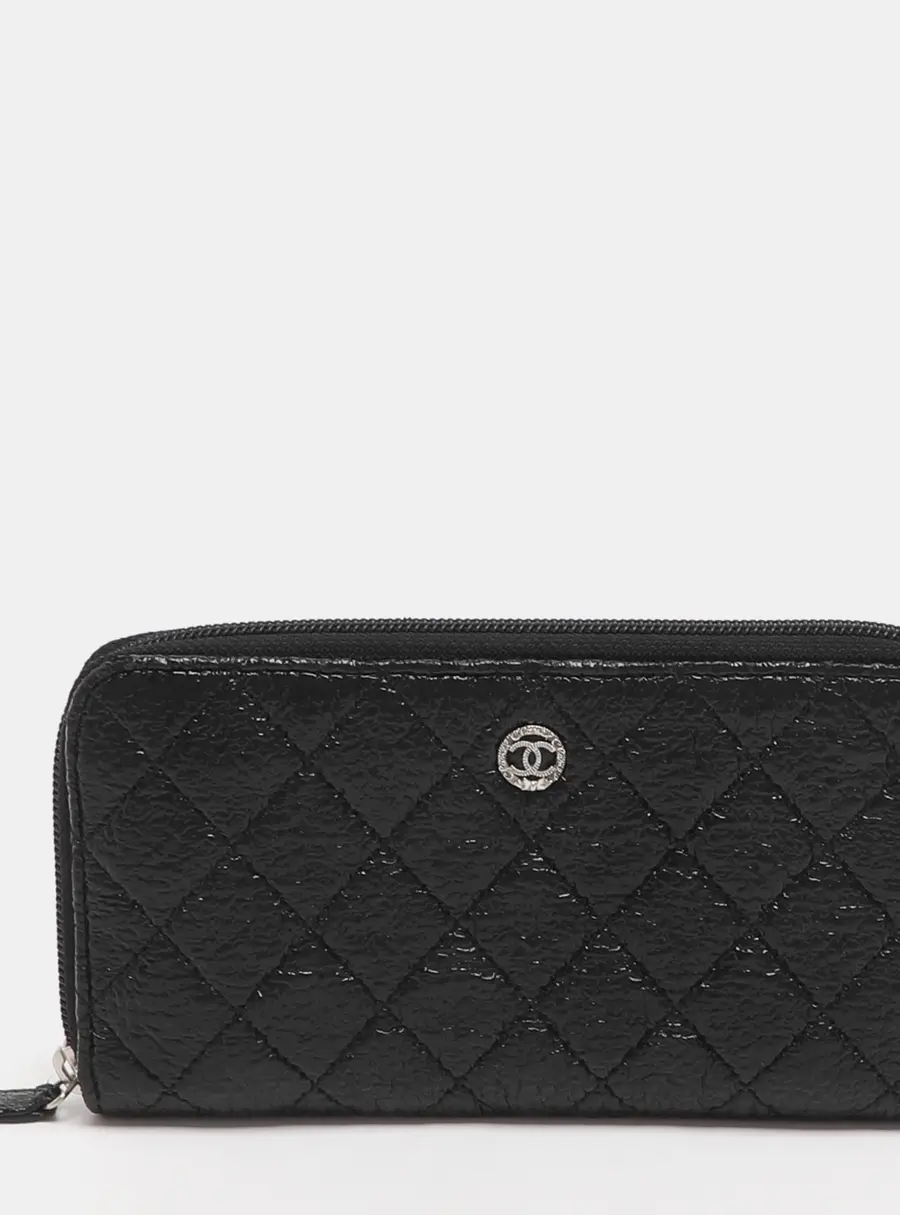 Chanel CC Black Quilted Coated Tweed Zip Around Wallet