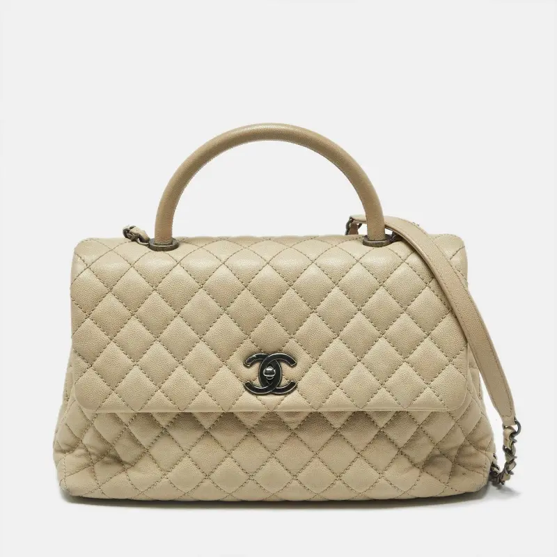 Chanel Coco Handle Beige Medium Caviar Quilted Leather Top Handle Bag