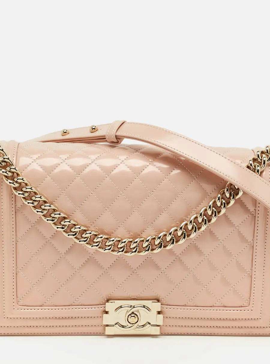 Chanel Boy New Medium Metallic Pink Quilted Patent Leather Flap Bag