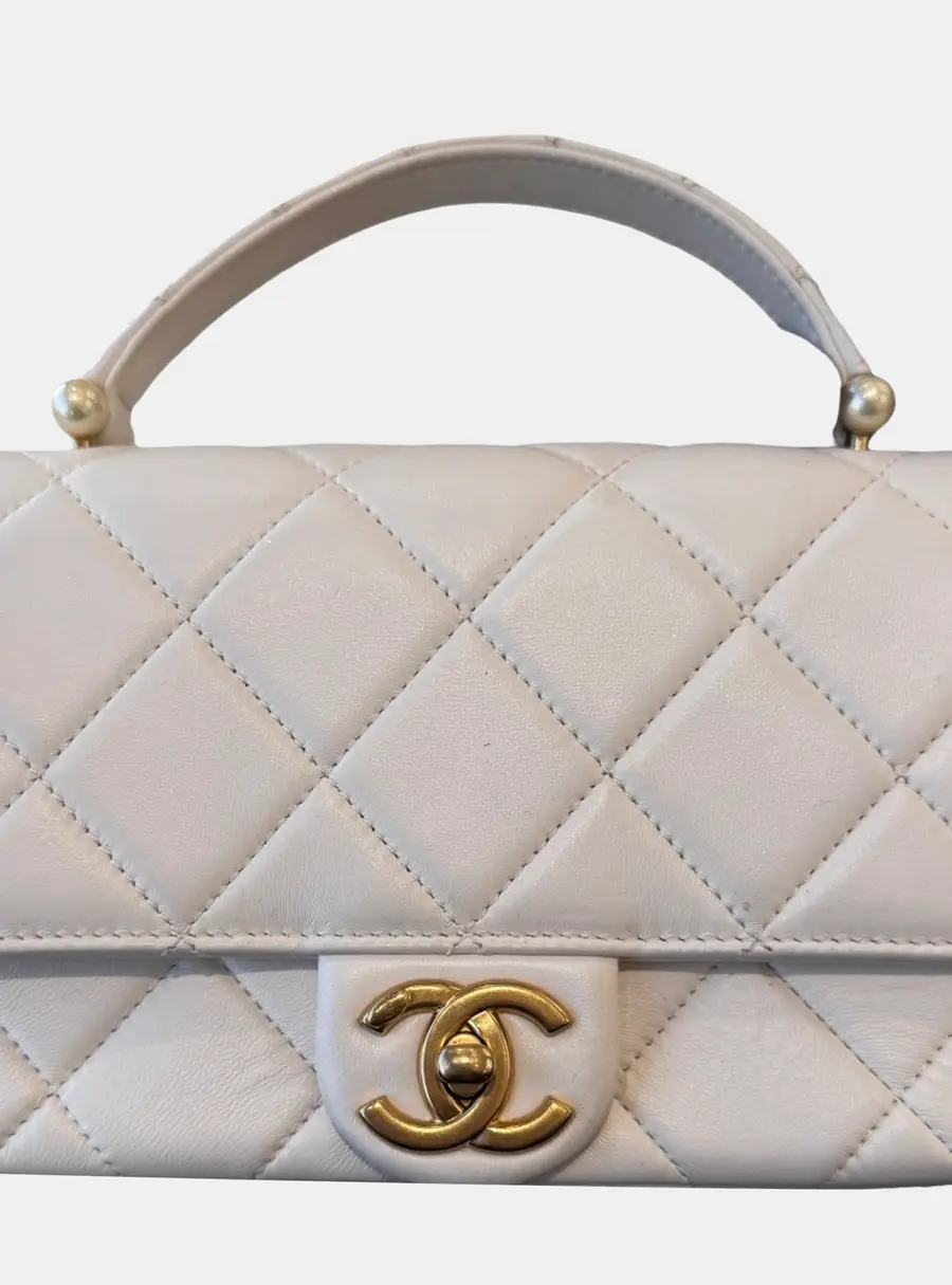Chanel Small Flap Bag White Lambskin Leather Top Handle Bag