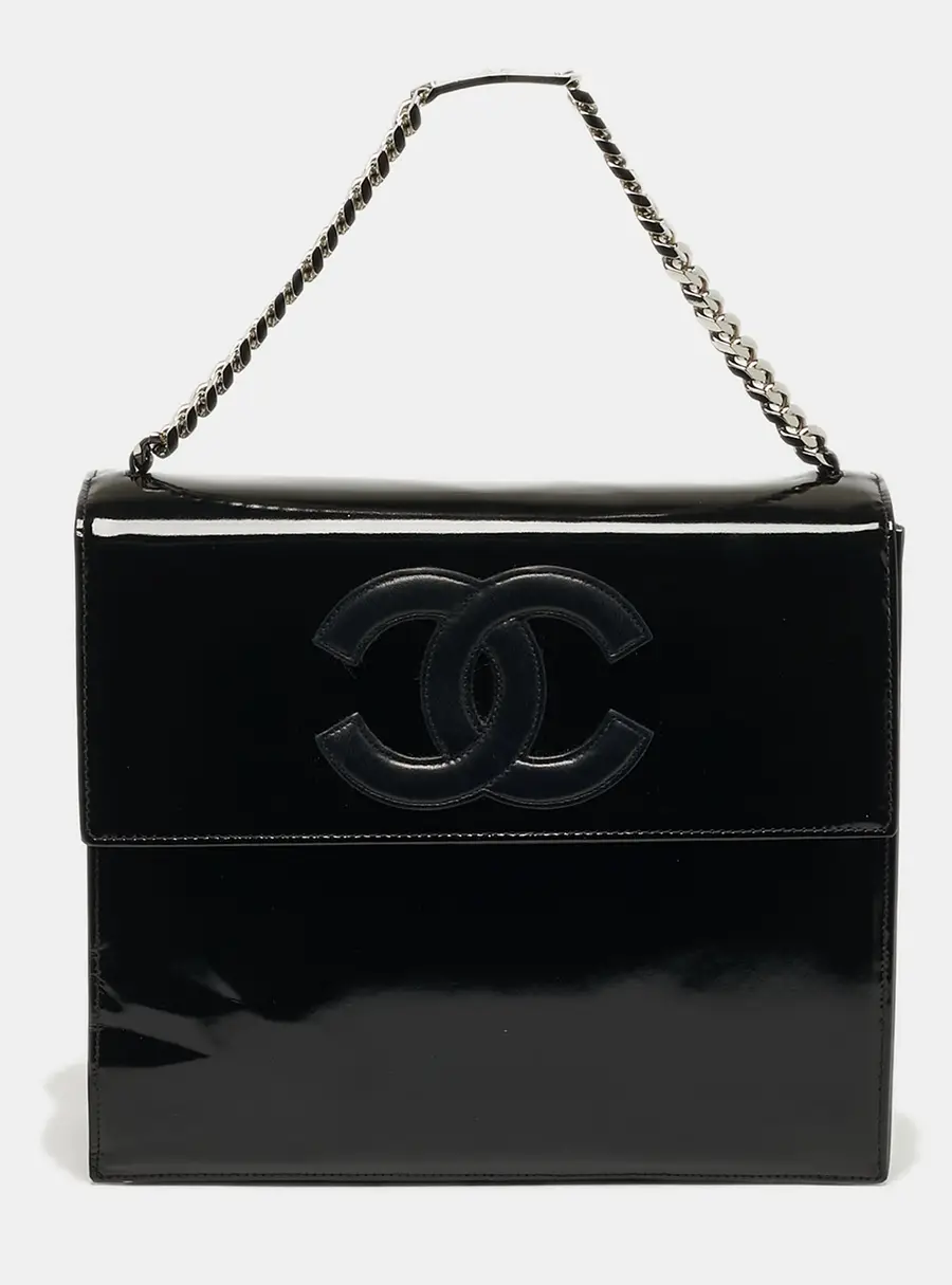 Chanel CC Black Patent and Leather Chain Top Handle Bag