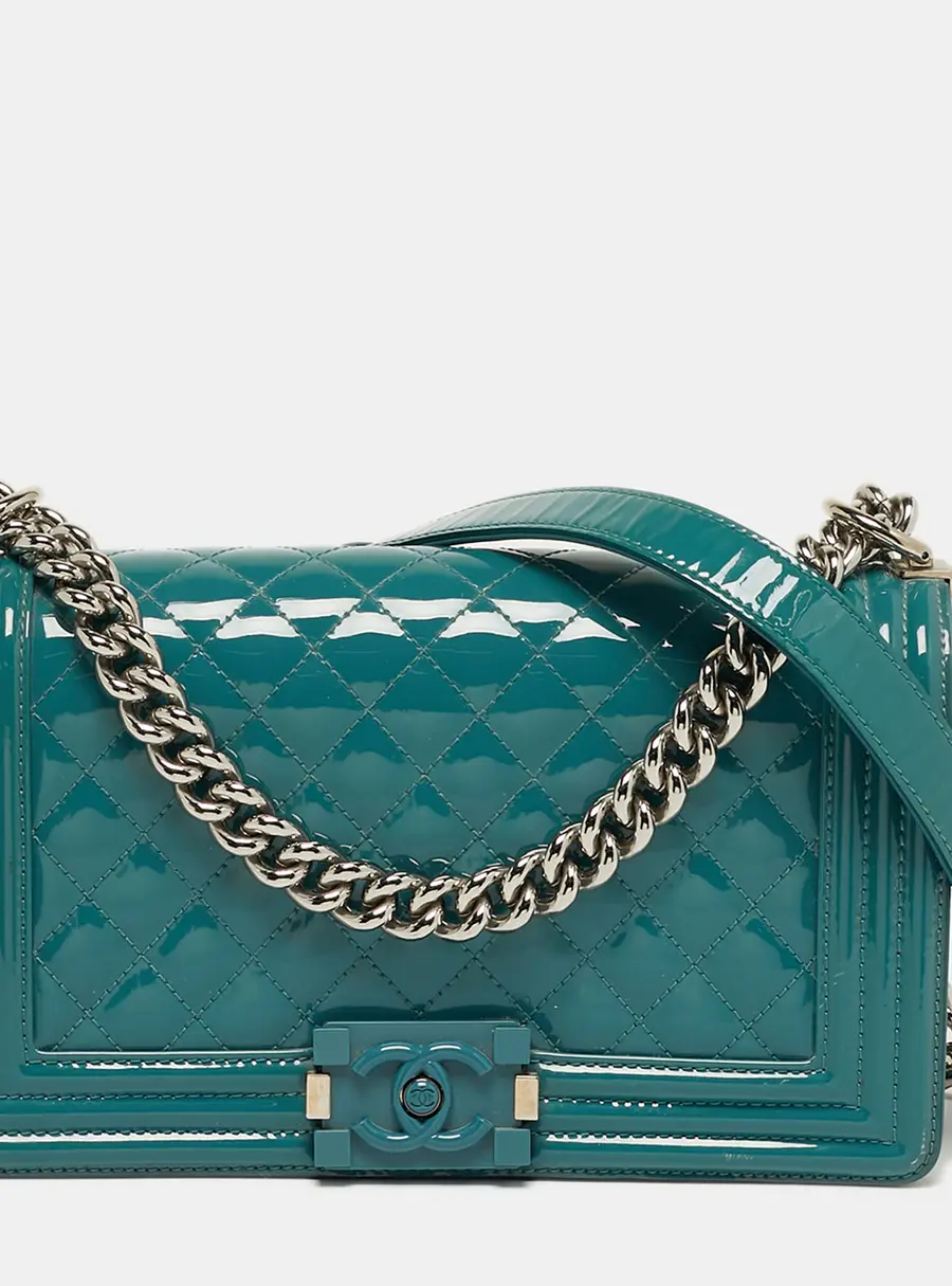 Chanel Boy Medium Blue Quilted Patent Leather Flap Bag
