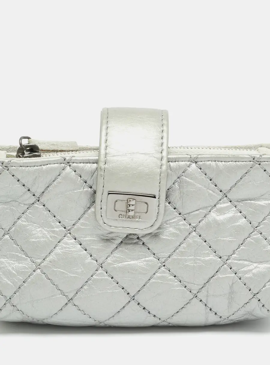 Chanel CC O Silver Quilted Leather Phone Pouch