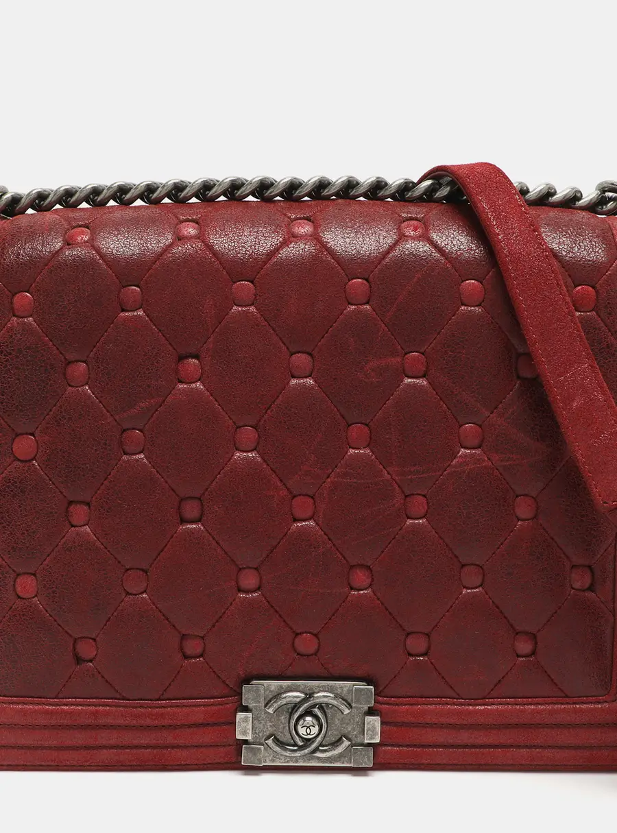 Chanel Boy Large Burgundy Chesterfield Quilted Nubuck Leather Flap Bag