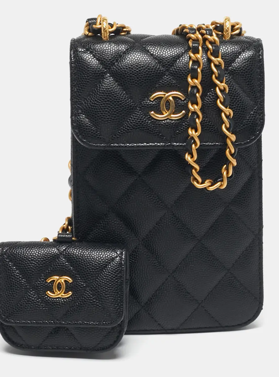 Chanel Black Quilted Caviar Leather Phone Holder Crossbody Bag
