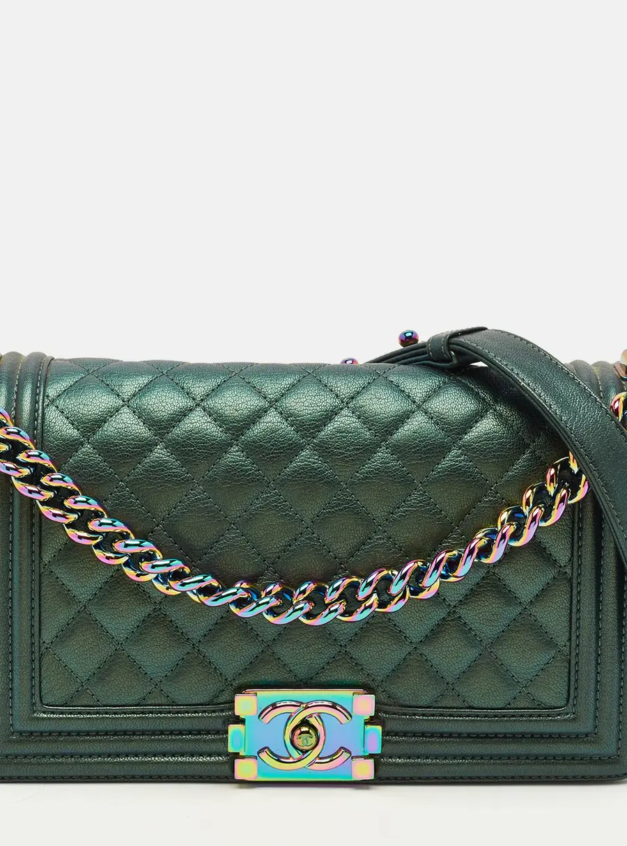 Chanel Boy Medium Metallic Green Quilted Leather Flap Bag