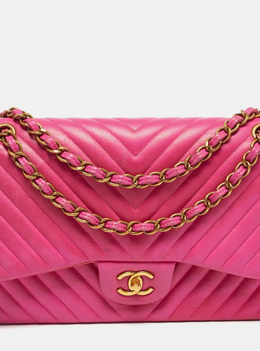 Chanel Classic Double Flap Jumbo Pink Chevron Leather Shoulder Bag