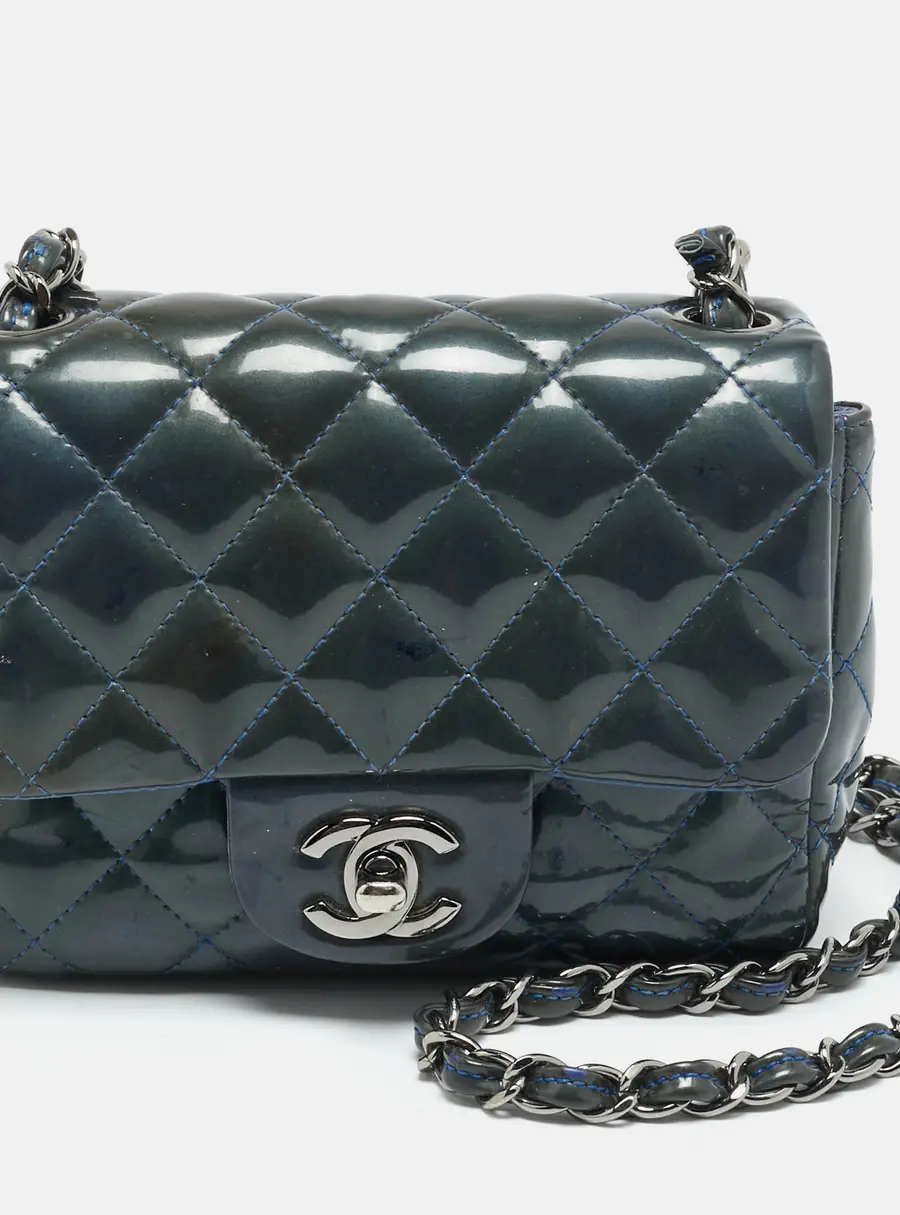 Chanel Square Classic Single Flap Mini Dark Teal Quilted Patent Leather Bag