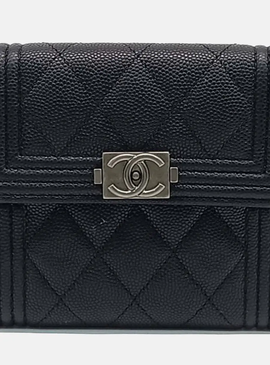 Chanel Boy Small Black Quilted Caviar Calfskin Leather Flap Wallet Bag