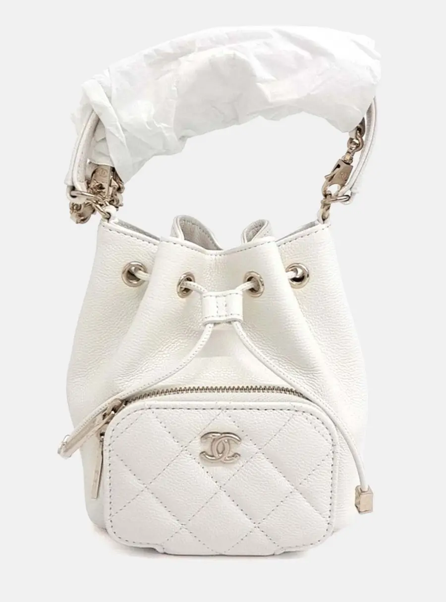 Chanel Business Affinity Mini White Caviar Leather Bucket Bag
