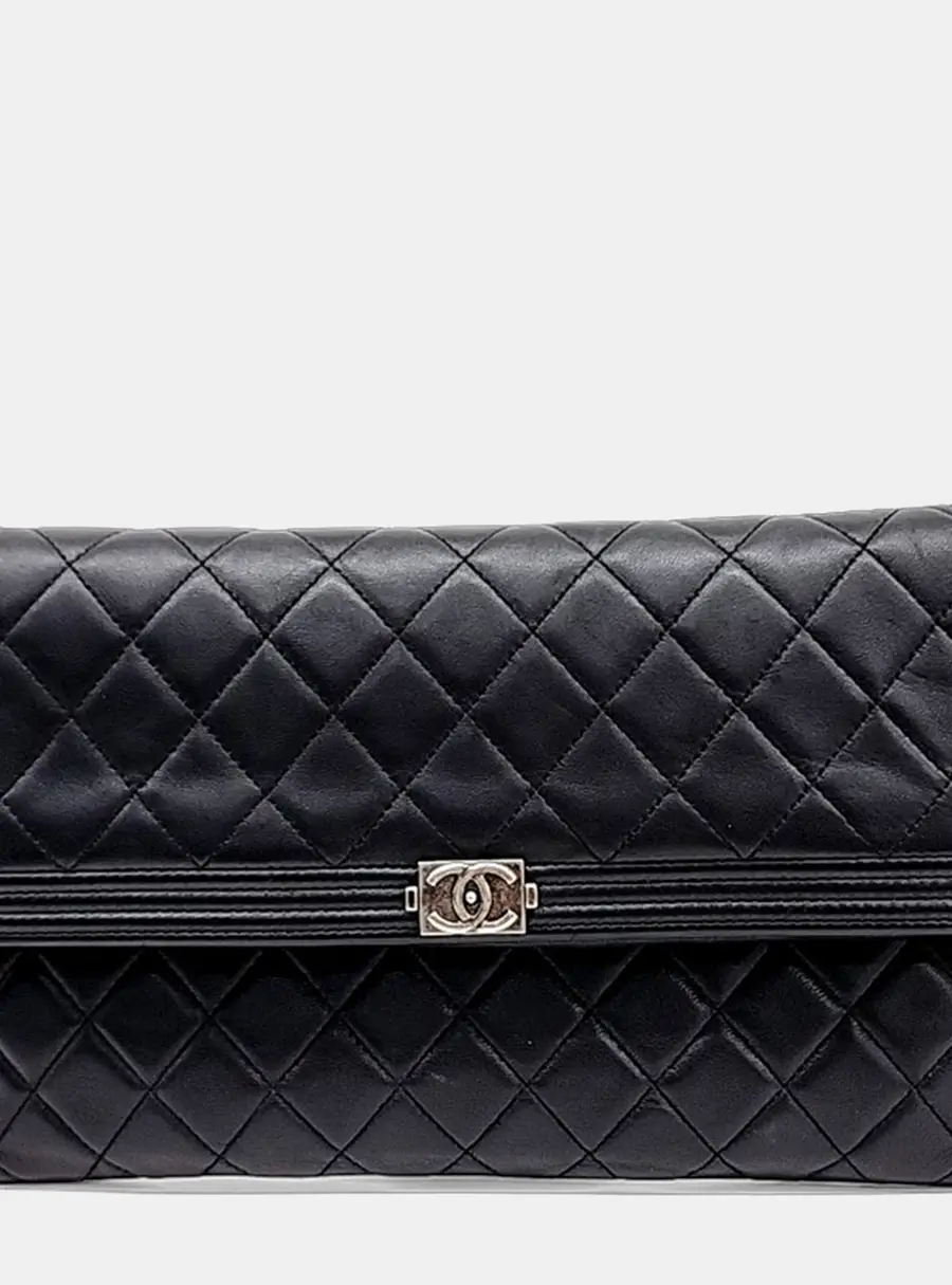 Chanel Boy Black Quilted Caviar Leather Clutch Bag