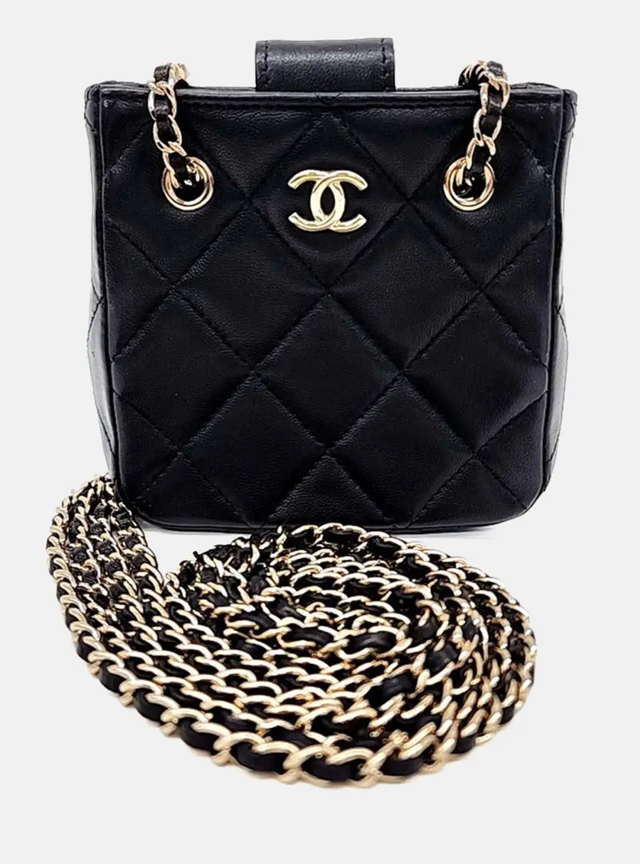 Chanel Quilted Tiny Shopping Mini Black Lambskin Leather Clutch Bag