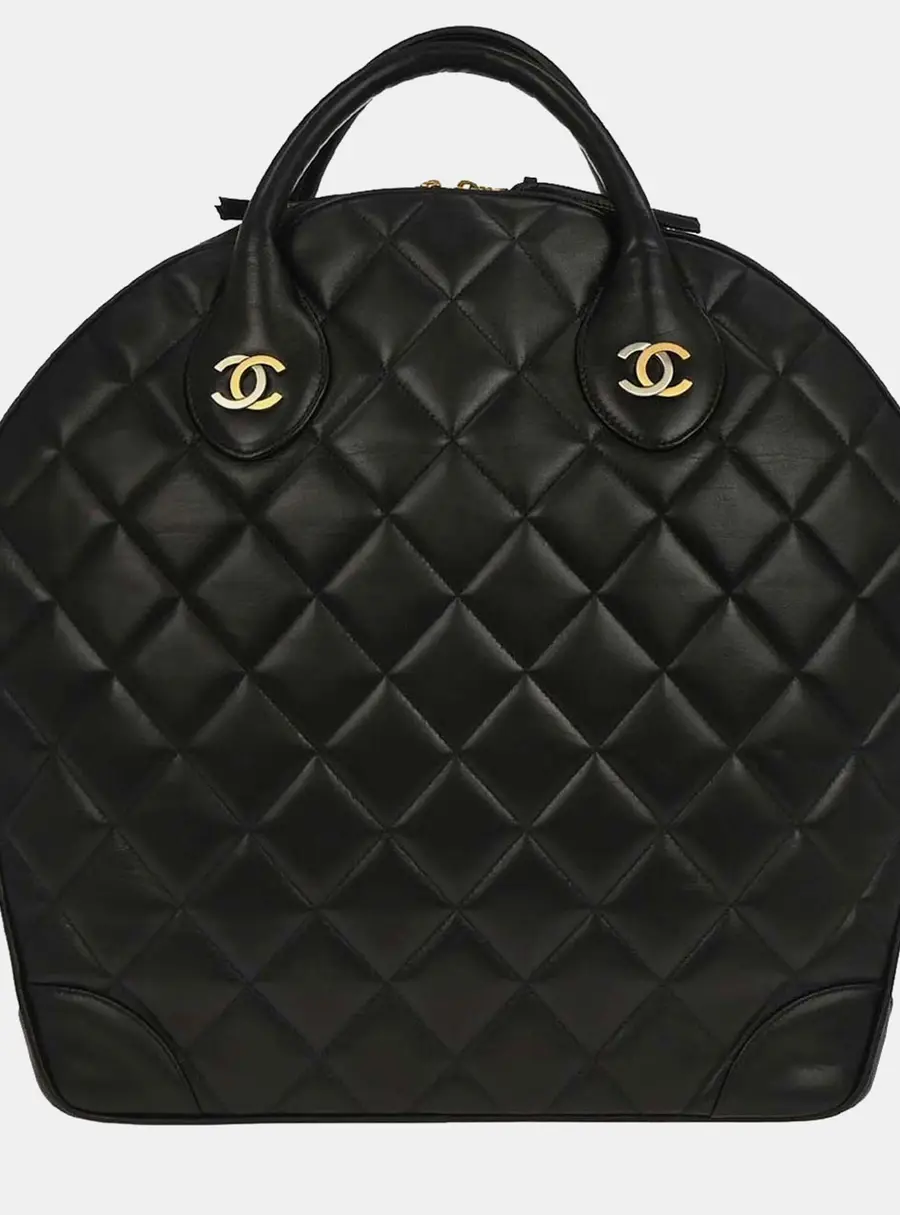 Chanel Bowler Black Lambskin Leather Top Handle Bag
