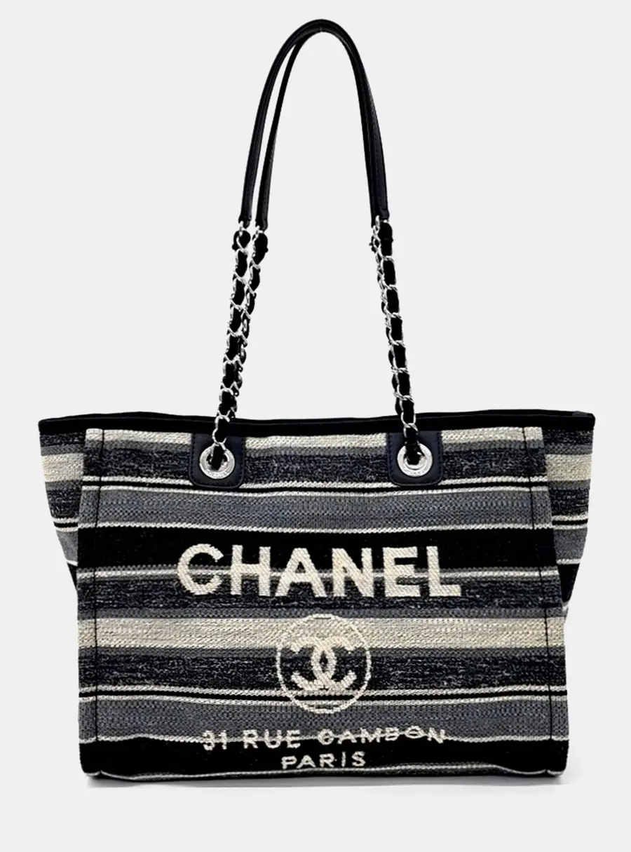 Chanel Deauville Large Black Grey White Fabric Tote Bag
