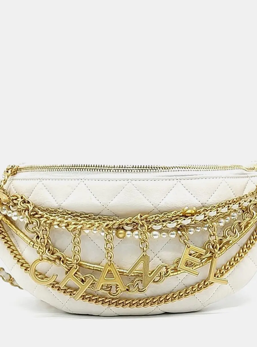Chanel Chain Embellished Waist Bag White Lambskin Leather Fanny Pack Bag