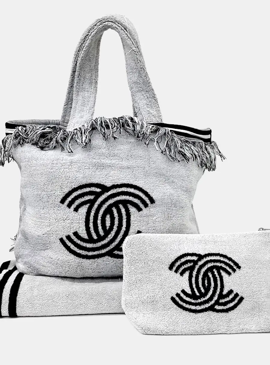 Chanel Beach Towel Set Grey Terry Cloth Tote Bag