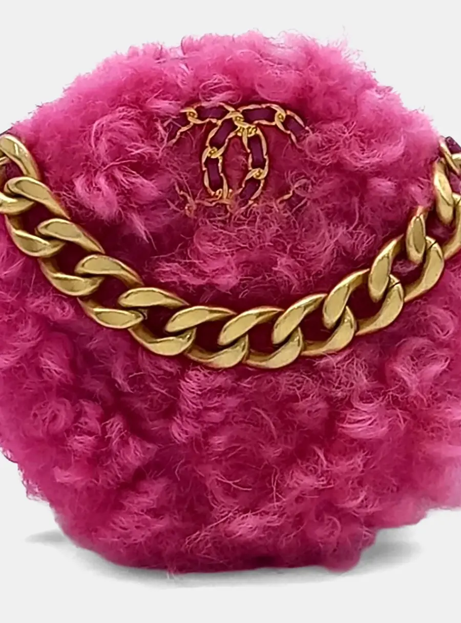 Chanel 19 Mini Round Crossbody Bag Pink Shearling Leather Crossbody Bag