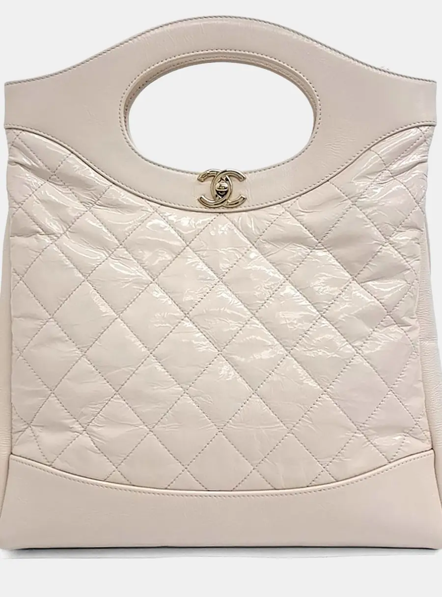Chanel 31 Shopping Small Beige Patent Leather and Leather Top Handle Bag