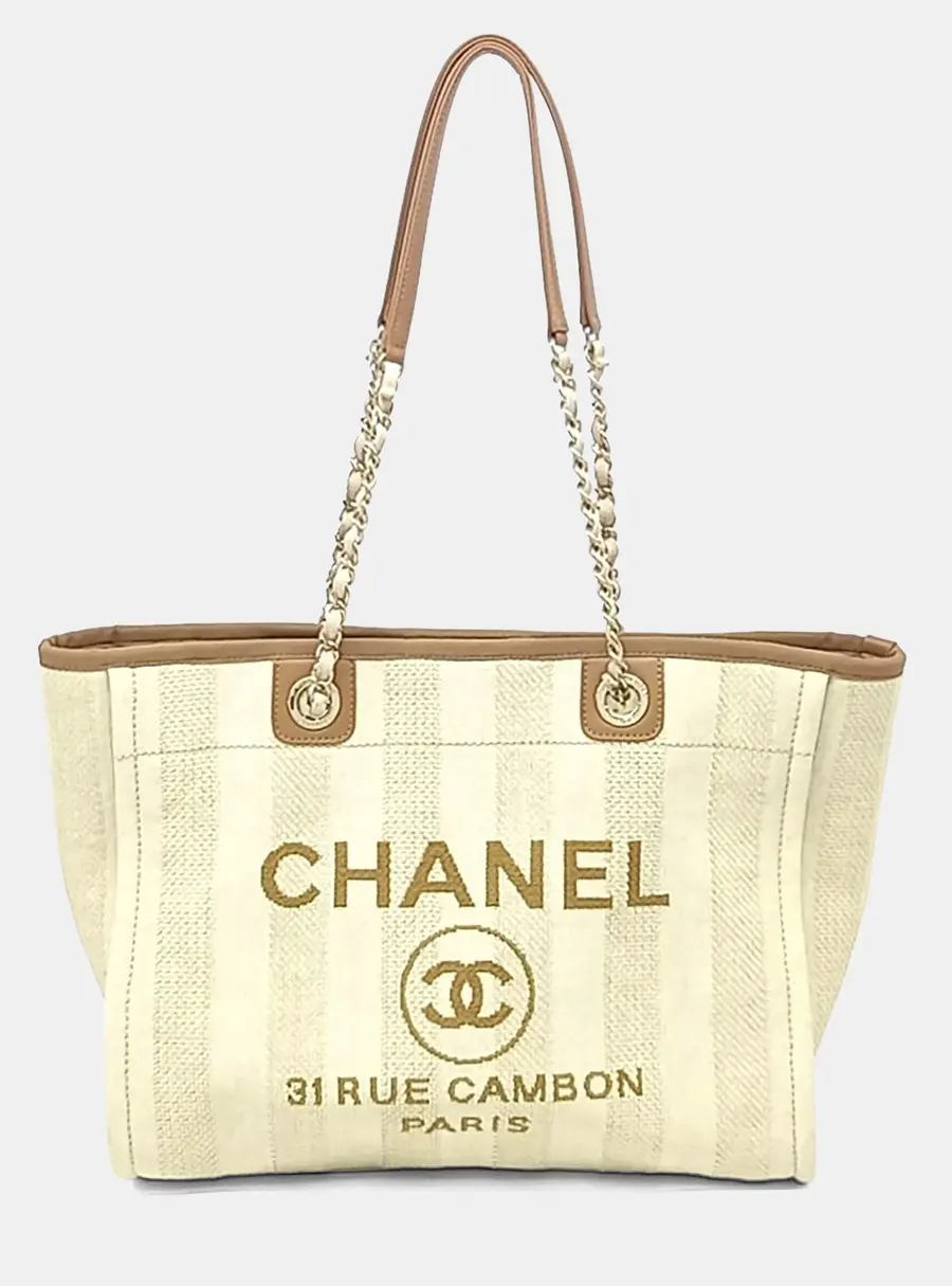 Chanel Deauville Beige Canvas Leather Large Tote Bag