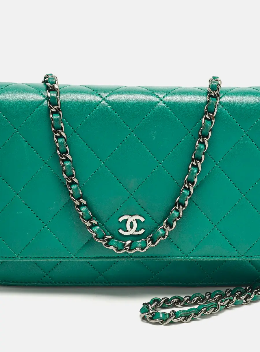 Chanel Classic CC Green Quilted Leather Wallet On Chain
