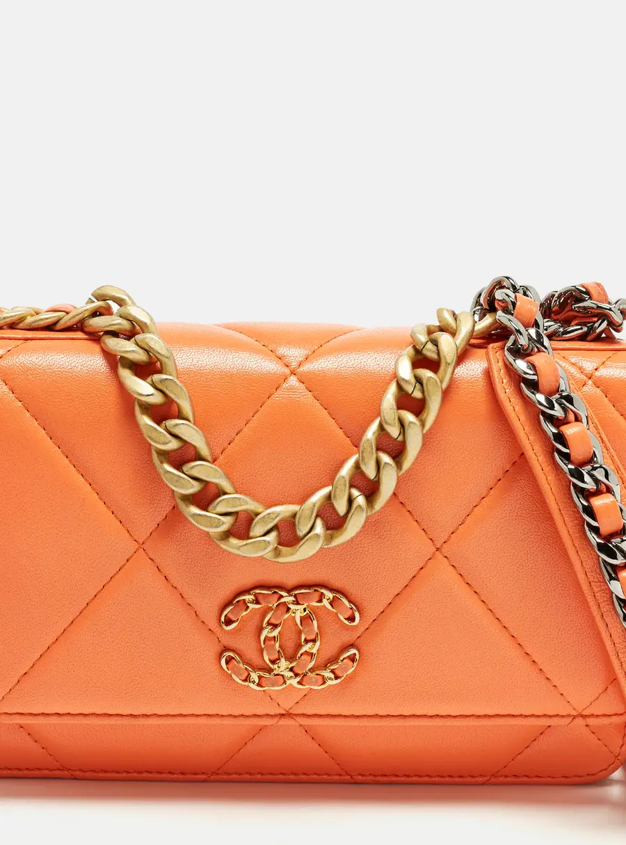 Chanel 19 Orange Quilted Leather Wallet On Chain