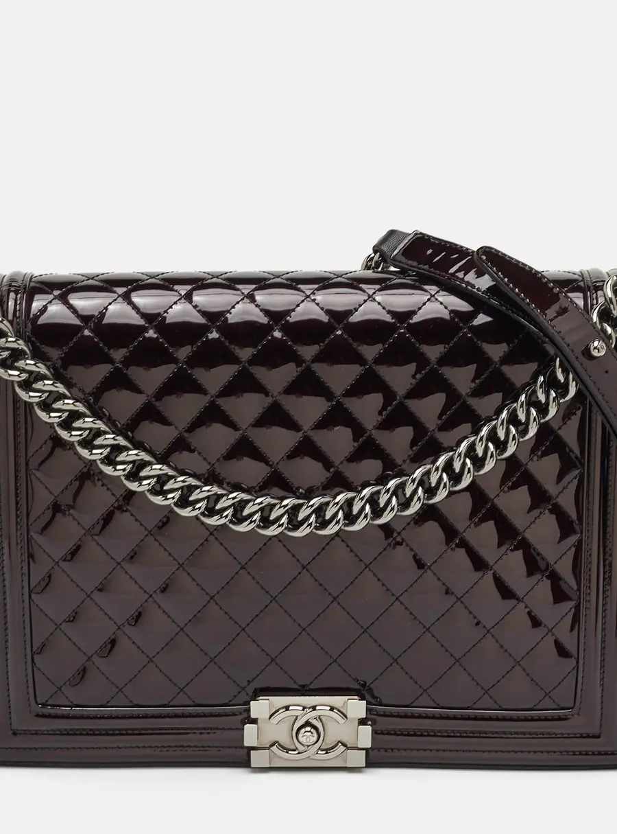Chanel Boy Large Black Quilted Patent Leather Flap Bag