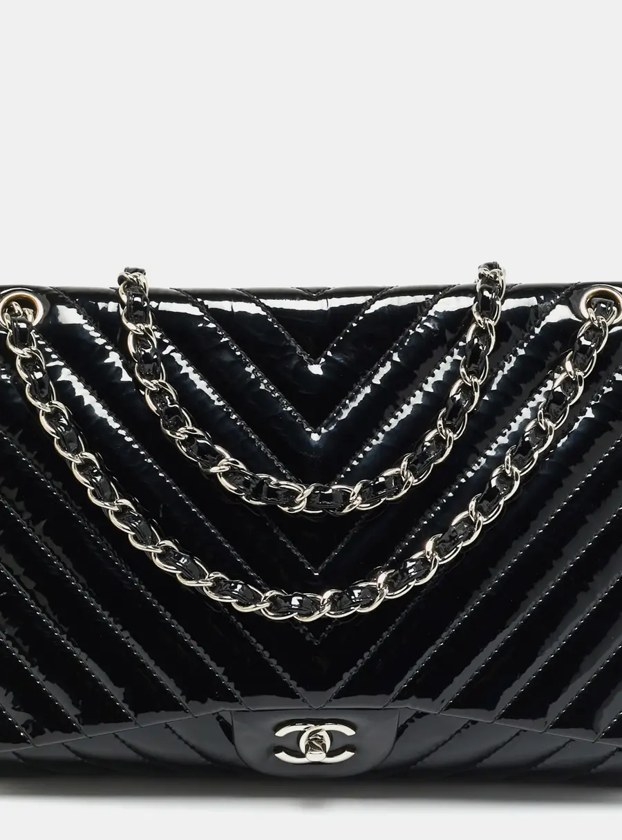 Chanel Classic Single Flap Maxi Black Chevron Patent Leather Bag