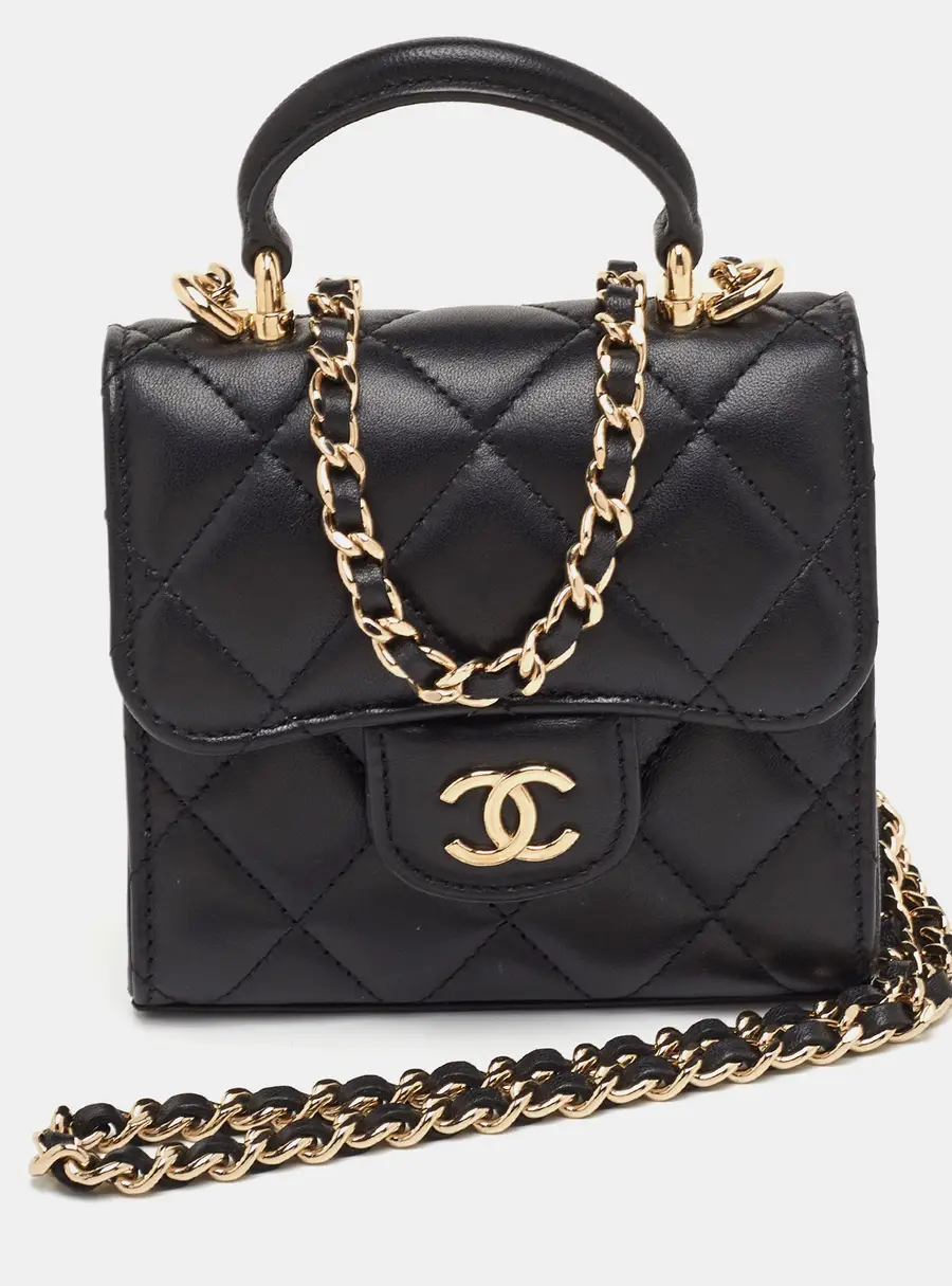 Chanel Extra Mini Black Quilted Leather CC Flap Top Handle Bag