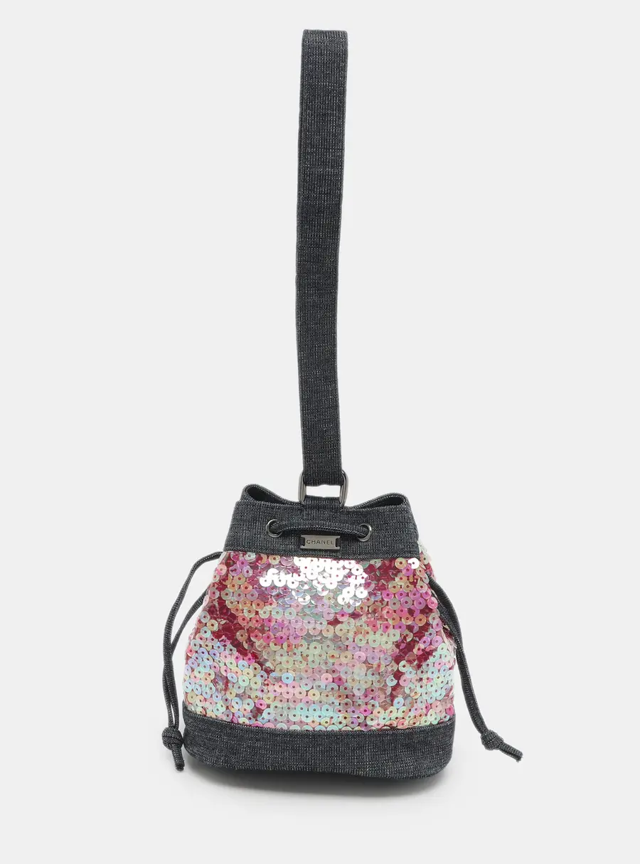 Chanel Blue Multicolor Denim and Sequins Drawstring Bucket Bag