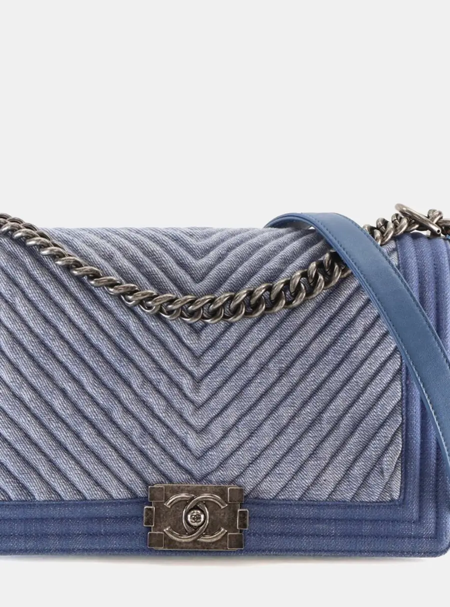 Chanel Large Blue Denim Chevron Boy Bag
