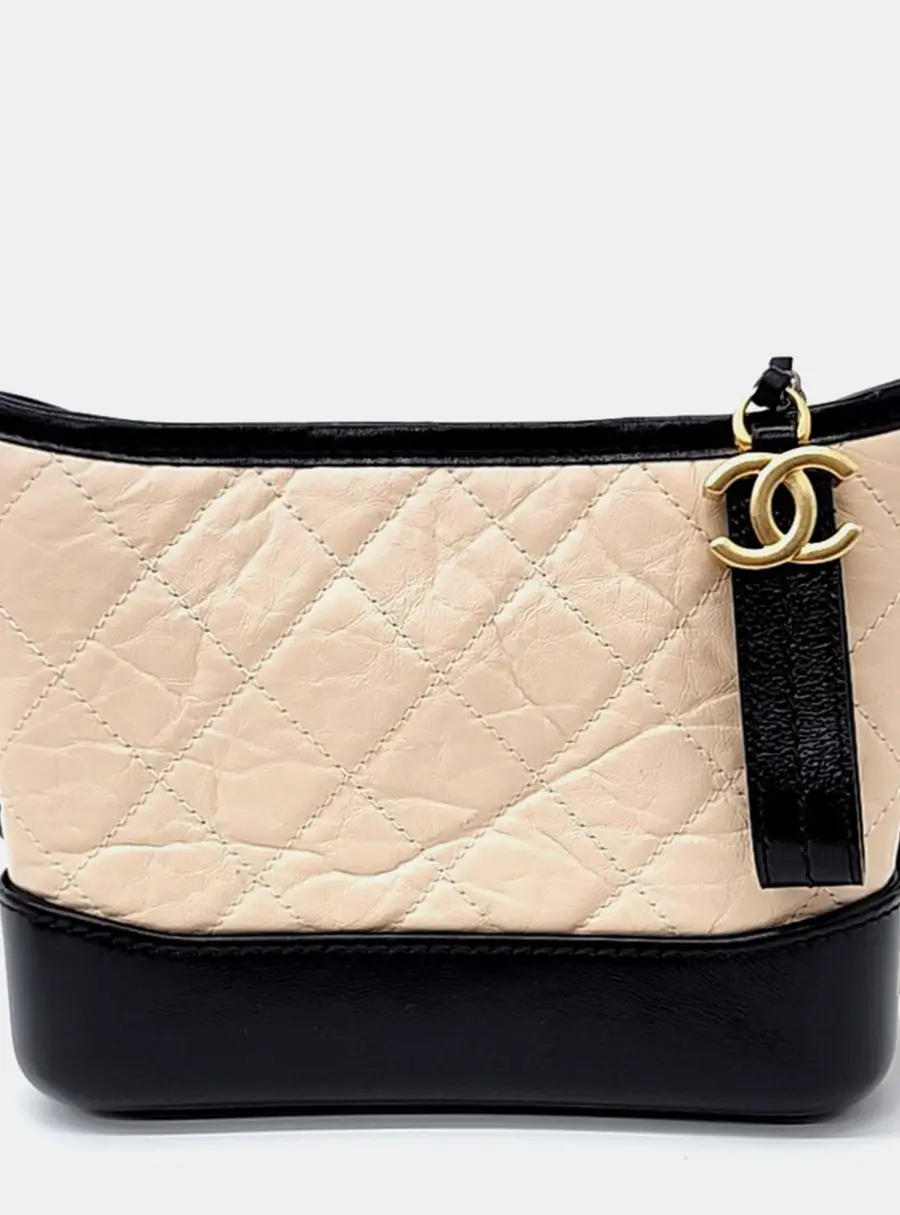 Chanel Gabrielle Hobo Small Beige Black Calfskin Leather Hobo Bag