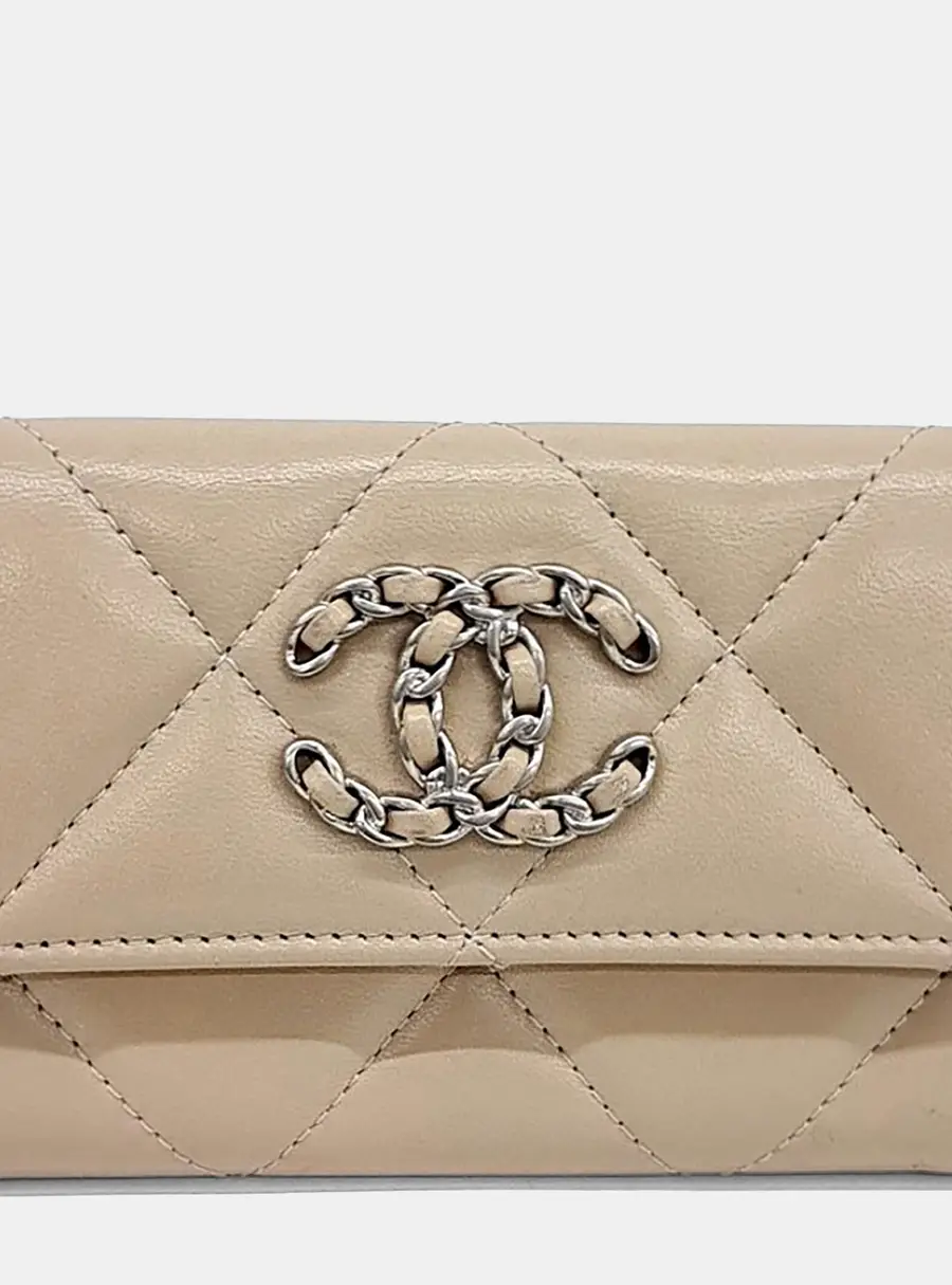 Chanel 19 Beige Lambskin Leather Card Holder Wallet Bag
