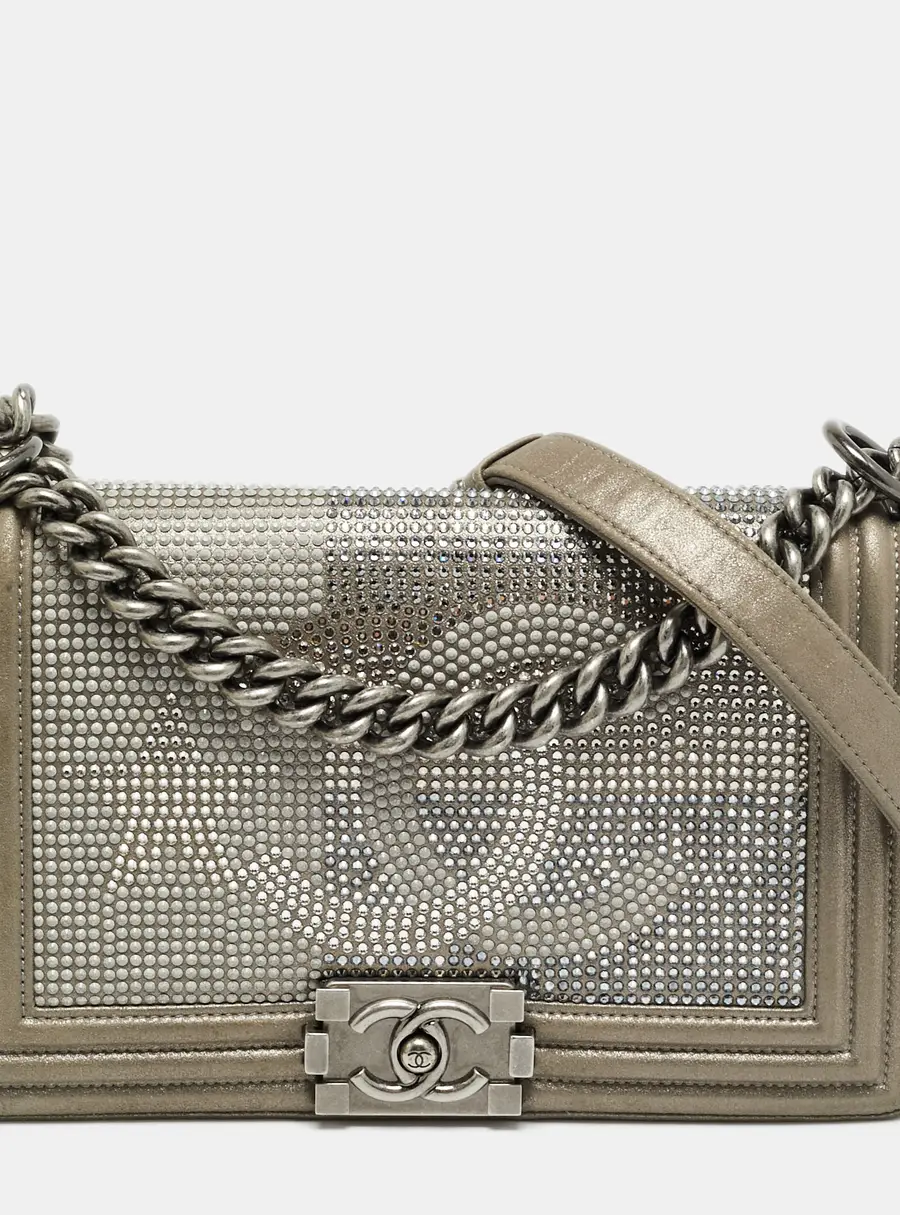 Chanel CC Crystal Boy Medium Grey Leather Flap Bag