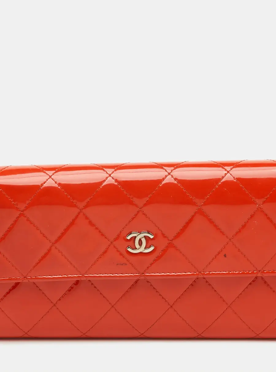 Chanel CC Orange Quilted Patent Leather Long Flap Wallet