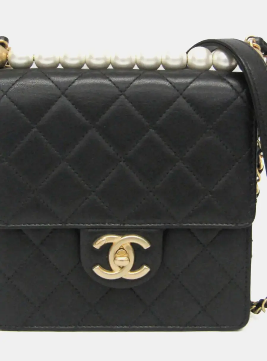Chanel Matelasse Black Leather & Artificial Pearl Chain Shoulder Bag