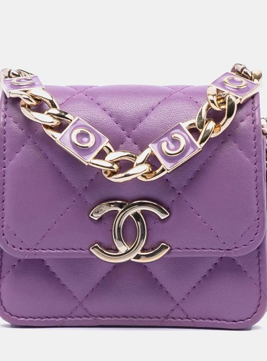 Chanel CC Coco Purple Quilted Lambskin Leather Card Holder on Chain