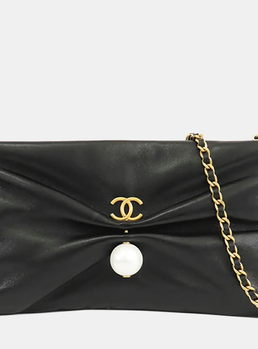 Chanel Pearl Black Shiny Lambskin Leather Clutch with Chain