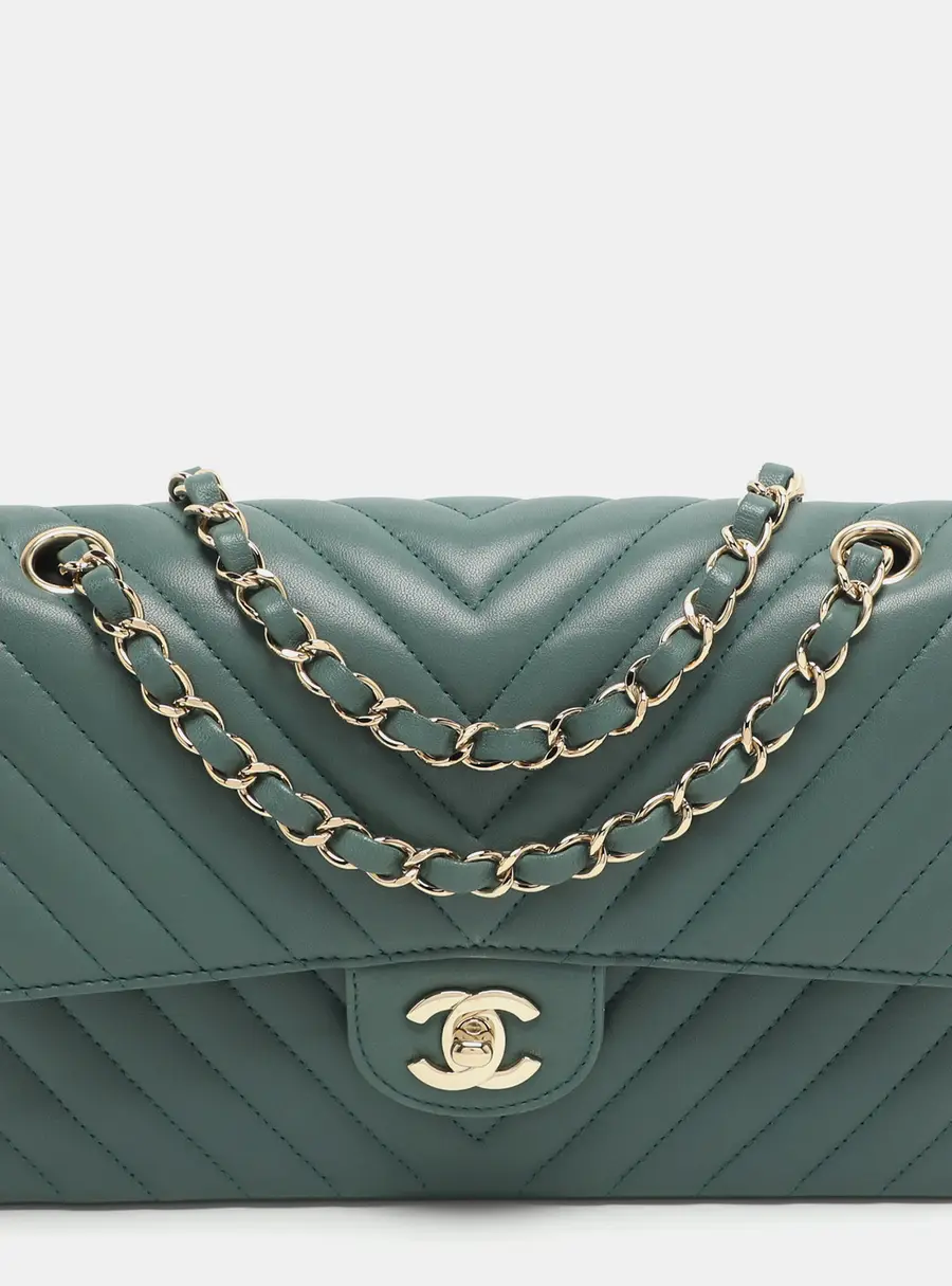 Chanel Classic Double Flap Medium Green Chevron Leather Shoulder Bag