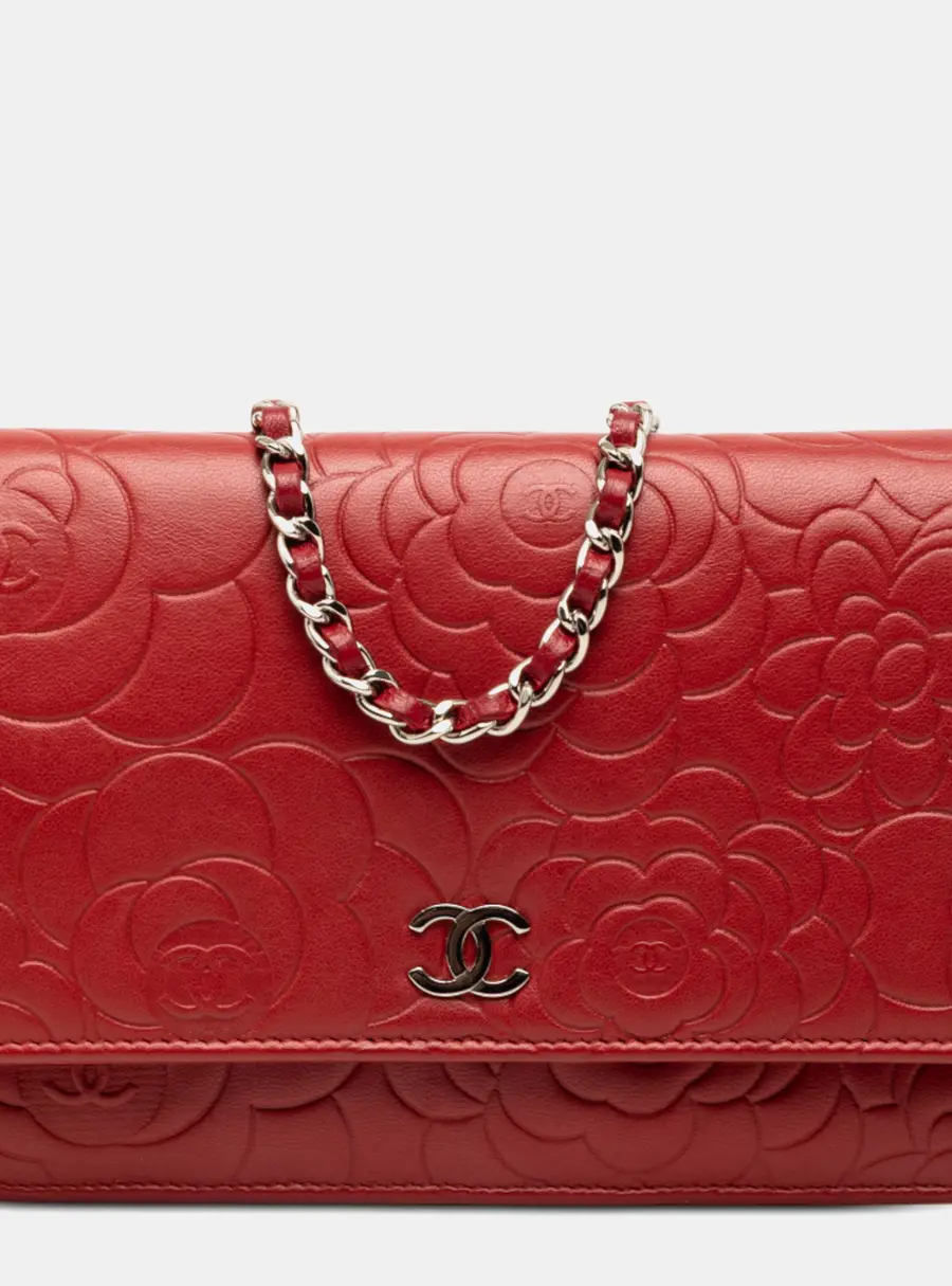 Chanel CC Camellia Red Embossed Lambskin Leather Wallet on Chain
