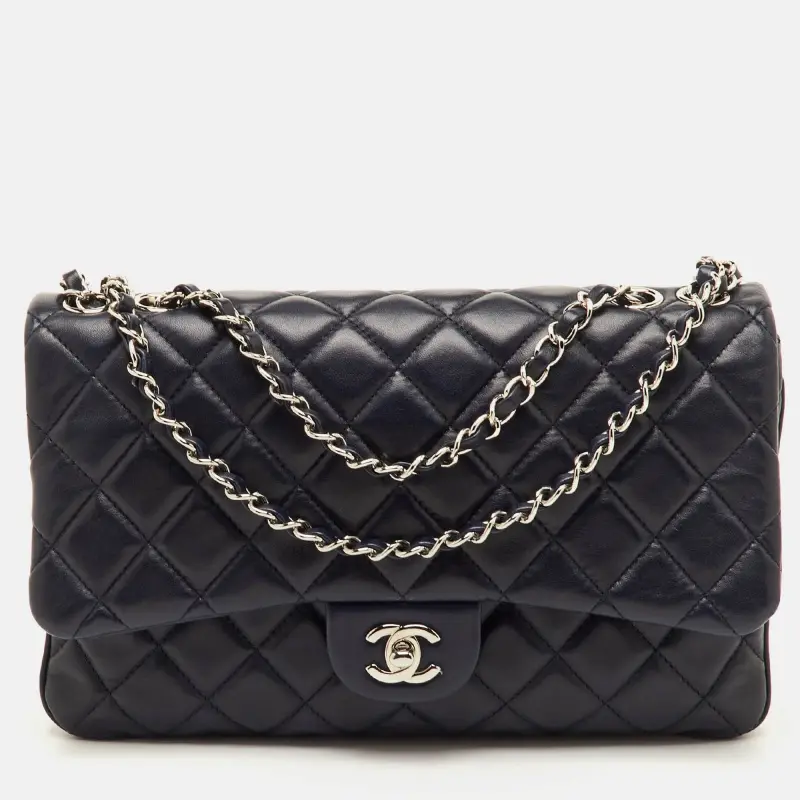 Chanel Navy Blue Quilted Leather CC Triple Compartment Flap Bag