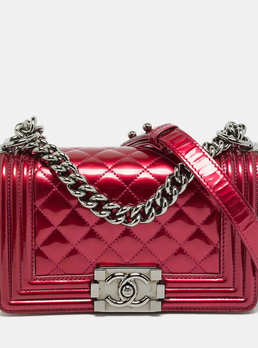 Chanel Boy Small Magenta Quilted Patent Leather Flap Bag