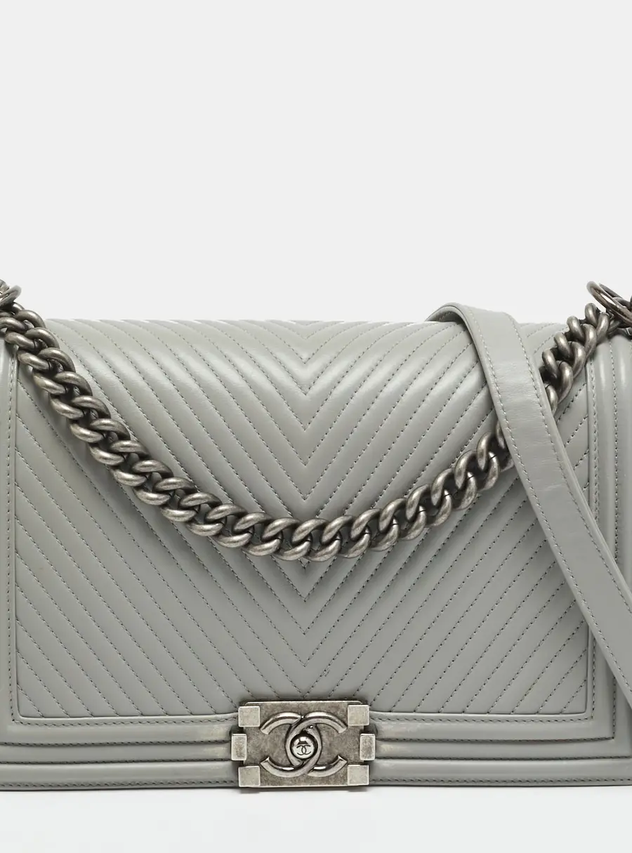 Chanel Boy New Medium Grey Chevron Leather Flap Bag